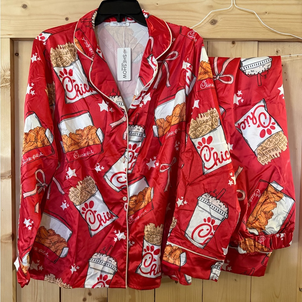 NWT SHESHOW Chick Fil A Pajama Set Medium | Red Satin Long Sleeve Pajamas